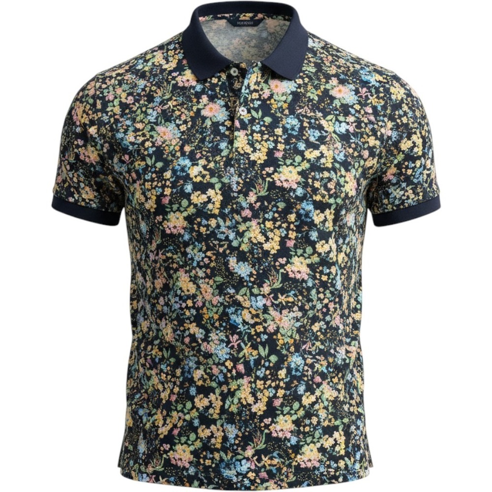 Lands End Womens XL 18 Floral Pima Cotton Polo Shirt Navy Blue Short Sleeve